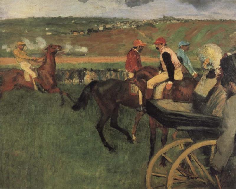 Edgar Degas On the race place Jockeys next to a carriage